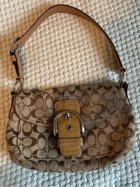 Coach Brown Signature Canvas Shoulder Bag with Tan Leather Trim